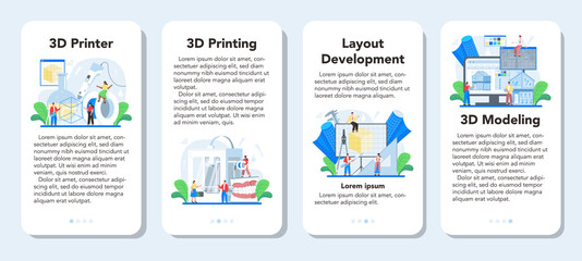 3D modeling mobile application banner set. Digital drawing