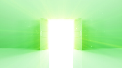 Door Opening to the brilliant Future, way to Heaven and Success. 3D illustration.