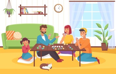 Board game at home. Happy family in room interior plays card role-playing game, joint collective hobby parents and children, cards on table. Friendly communication leisure time vector concept