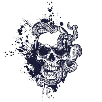 Skull with tentacles design. Vector illustration of human skull with octopus tentacles and ink splash in engraving technique isolated on white.