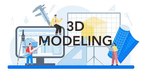 3D modeling typographic header. Digital drawing with electronic tools