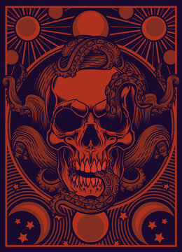 Skull with tentacles design. Vector illustration of human skull with octopus tentacles, celestial bodies design frames in engraving technique. Gothic, occult, mystery tarot card stylish background.