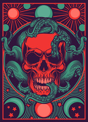 Skull with tentacles design. Vector illustration of human skull with octopus tentacles, celestial bodies design frames in engraving technique. Gothic, occult, mystery tarot card stylish background. - obrazy, fototapety, plakaty