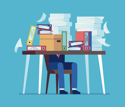 Accounting documents piles. Unorganized office work concept. Man sitting at table with heaps of papers and folders. Time management failure. Ineffective workflow, vector unfinished job
