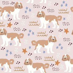 Vector seamless pattern with cute dogs, stars, polka dots. Doodle dog portraits on beige background. Dog design for kids textile, simple minimalistic design