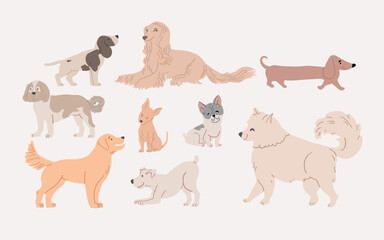 Vector illustration with cute dogs silhouettes isolated on white: jack russel, bulldog, dachshund, retriever, labrador. Horizontal postcard design, perfect for kids textile, nursery decor, fabric