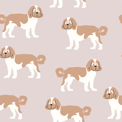 Vector seamless pattern with cute dogs. Doodle dogs standing on beige background. Dog design for kids textile, simple minimalistic design