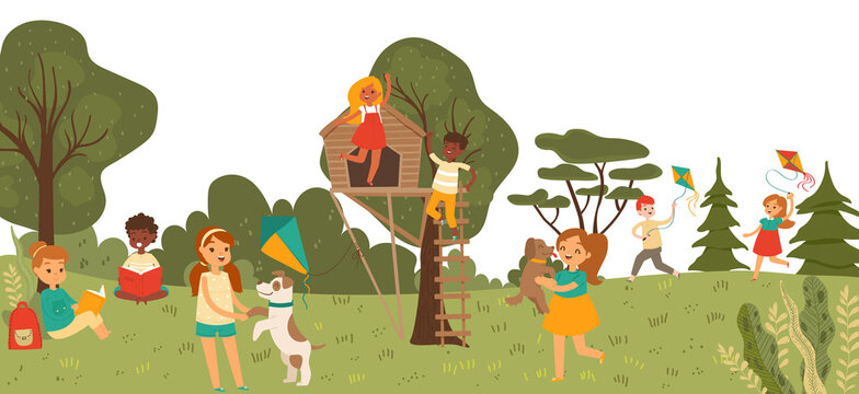Cheerful group kid character playing together in outdoor park, treehouse children playground flat vector illustration. Girl boy play garden, child funny spend time, walk dog and read book.