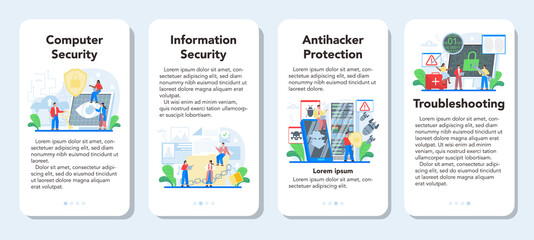 Computer security specialist mobile application banner set. Idea of digital