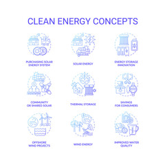 Community or shared solar concept icons set. Purchasing solar energy system idea thin line RGB color illustrations. Improved water quality. Thermal storage. Vector isolated outline drawings