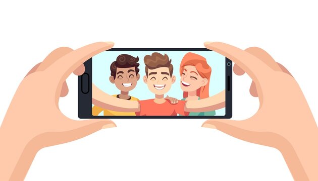 Selfie on phone. Hands hold smartphone, male and female smiling friends on device screen, making portrait photo, mobile picture with happy people self photograph cartoon isolated concept