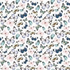 Fototapeta premium Butterflies watercolor seamless pattern. Insect. Vintage style. White background. For printing on textiles, wrapping paper, scrapbooking paper, postcards, stationery, covers
