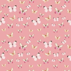 Butterflies watercolor seamless pattern. Insect. Vintage style. White background. For printing on textiles, wrapping paper, scrapbooking paper, postcards, stationery, covers