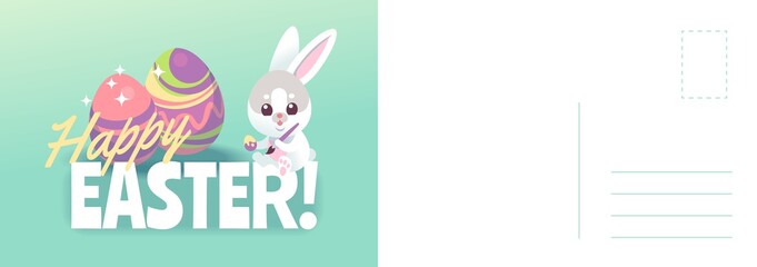 Happy easter card. Cartoon cute bunny painting holiday eggs, spring greeting or invitation, rabbit with traditional symbol, minimal design letter template with text, vector illustration