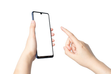 Close up of female hands holding and pointing mobile smart phone with white blank screen isolated on white background. Mock up. Copy space.