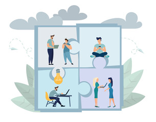 Business concept. Team metaphor. people connecting puzzle elements. Vector illustration flat design style. Symbol of teamwork, cooperation, partnership.