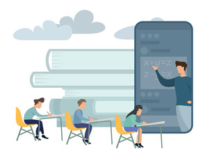 Flat design concept of online education, training and courses, learning, video tutorials. Vector illustration for website banner, marketing material, presentation template, online advertising