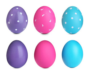 Set with colorful Easter eggs on white background