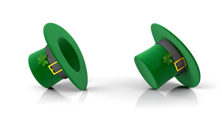 St. Patrick's Day Set. Green Leprechaun Hat with Clover and Inverted upside down. isolated on white background. 3d render © adragan