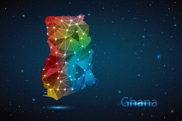Abstract Polygon Map of Ghana. Vector Illustration Low Poly Color Rainbow on Dark Background.