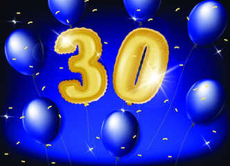 Celebrating 30 years with gold and blue balloons and glitter confetti on a blue background. Vector design for celebrations, invitation cards and greeting cards.