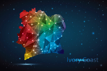 Abstract Polygon Map of Ivory Coast. Vector Illustration Low Poly Color Rainbow on Dark Background.