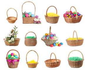 Fototapeta na wymiar Set with wicker baskets on white background. Easter item
