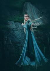 Beautiful fantasy woman elven goddess walks in nature mystical forest. Long creative vintage blue...