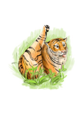 Cute tiger cartoon raised his paw and shows tongue. Funny digital art of tiger for calendar