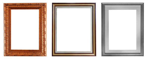 Set of gilded antique picture frames isolated on white background.