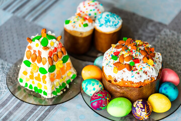 Traditional Easter holiday table served with Easter cake and eggs