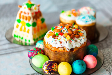 Traditional Easter holiday table served with Easter cake and eggs