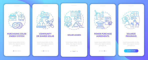 Power purchase agreements onboarding mobile app page screen with concepts. Community of shared solar walkthrough 5 steps graphic instructions. UI vector template with RGB color illustrations