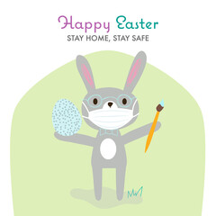 Stay home at Easter, motivational quote to stay safe, healthy during covid-19 pandemic quarantine. Cartoon bunny with art brush, bright egg, home, grass, green background, vector flat illustration.