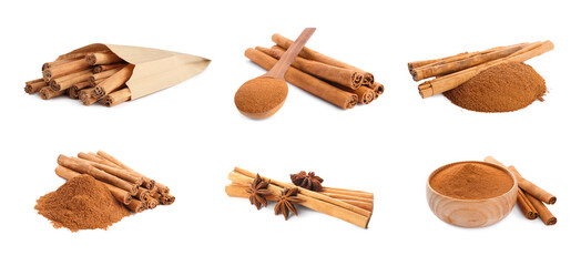 Set with aromatic cinnamon sticks and powder on white background, banner design