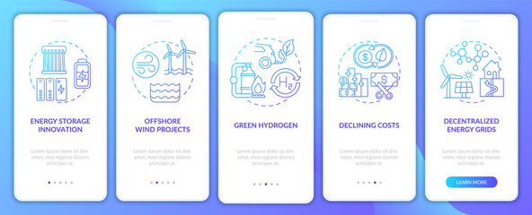 Fototapeta na wymiar Offshore wind projects onboarding mobile app page screen with concepts. Energy storage innovation walkthrough 5 steps graphic instructions. UI vector template with RGB color illustrations