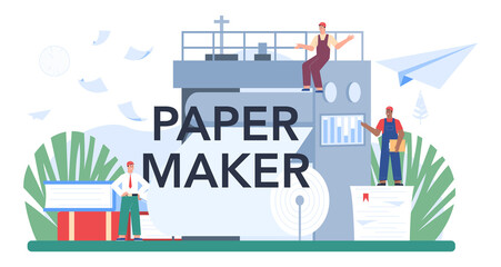 Paper maker typographic header. Paper factory process. Cutting wood