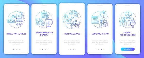 Improved water quality onboarding mobile app page screen with concepts. Savings for consumers walkthrough 5 steps graphic instructions. UI vector template with RGB color illustrations