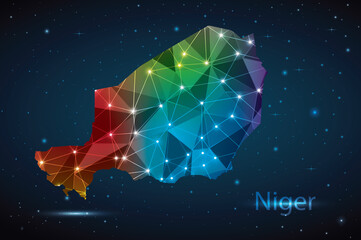 Fototapeta na wymiar Abstract Polygon Map of Niger. Vector Illustration Low Poly Color Rainbow on Dark Background.
