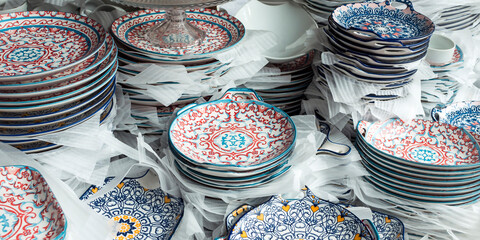Moroccan style kitchenware for sale at a local flea market store. Plates are separated with thin...