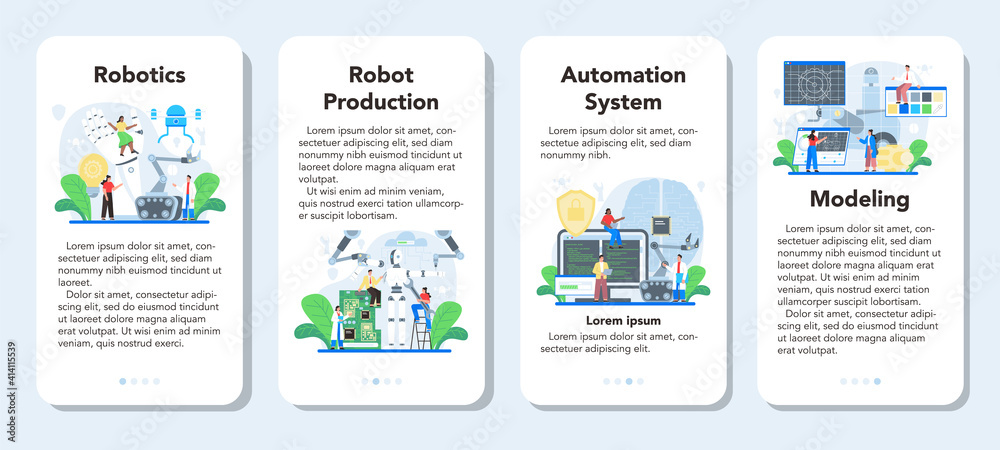 Poster roboticist mobile application banner set. robotic engineering and constructing.