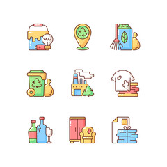 Waste disposal RGB color icons set. Garbage pickup from home. Waste with hazardous properties. Grass clippings, leaves, branches. Bulky refuse. Clothing, footwear. Isolated vector illustrations