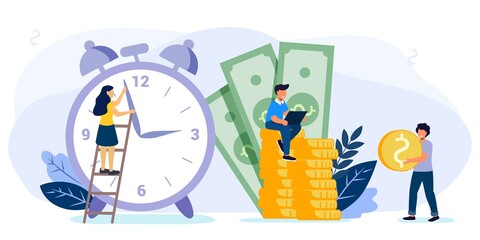 Times is money Concept save time Money saving Financial investments in stock market future income growth Tiny people characters working together with clock vector illustration