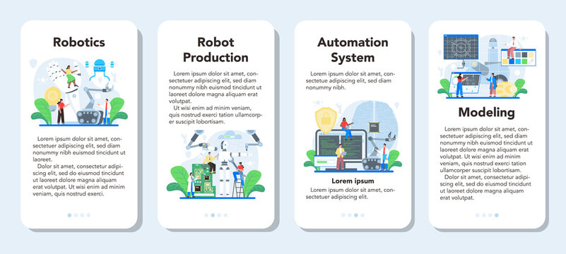 Roboticist mobile application banner set. Robotic engineering and constructing.