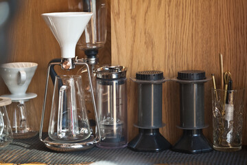 coffee hand brewing devices in coffee shop - gina, american press and aeropress