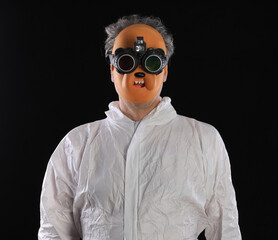 man in dog mask on black background