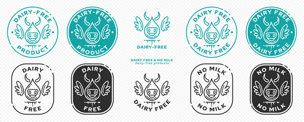 Concept for product packaging. The labeling is a dairy-free product. Milk drop icon with cow, wings and liquid ingredient line is a symbol of freedom from ingredient. Vector set.