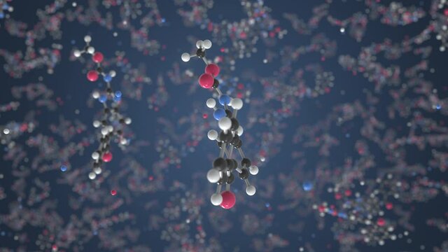 Mebendazole generic drug molecule. Ball-and-stick molecular model. Healthcare related looping 3d animation