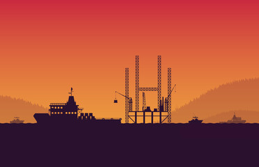 Obraz premium silhouette service vessel ship with operation petroleum platform on orange gradient background