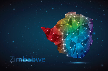 Abstract Polygon Map of Zimbabwe. Vector Illustration Low Poly Color Rainbow on Dark Background.